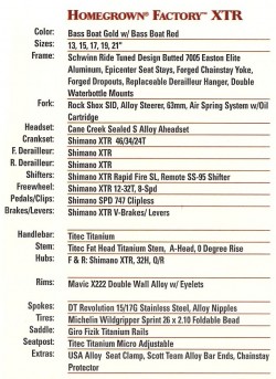 1998 Homegrown Factory XTR hardtail specs